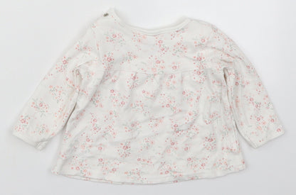 mamas & papas Girls White Floral Cotton Basic T-Shirt Size 6-9 Months Round Neck Button