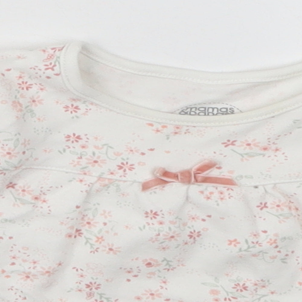 mamas & papas Girls White Floral Cotton Basic T-Shirt Size 6-9 Months Round Neck Button