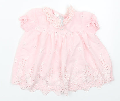 Preworn Girls Pink Floral Cotton A-Line  Size 6-9 Months  Collared Button