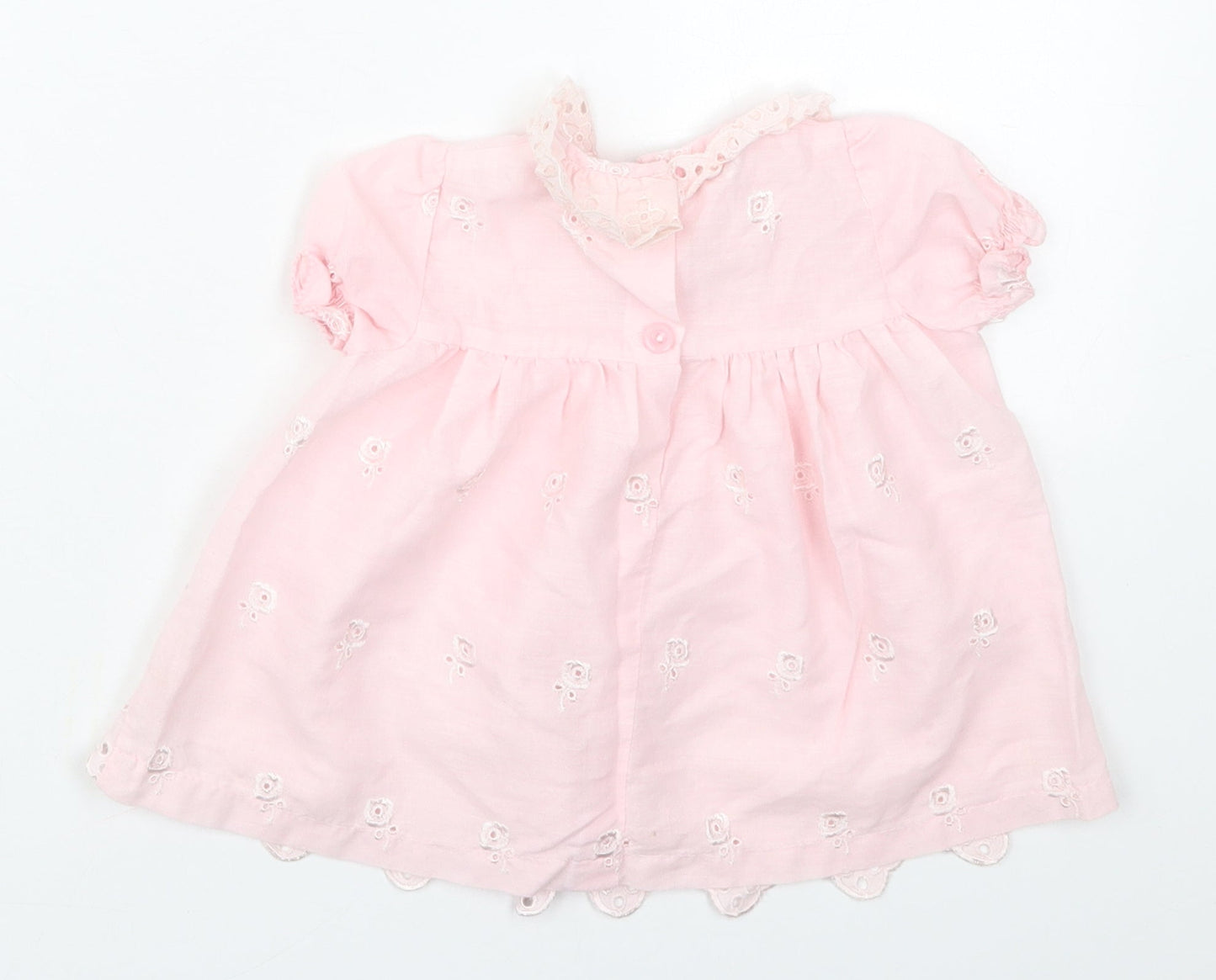 Preworn Girls Pink Floral Cotton A-Line  Size 6-9 Months  Collared Button