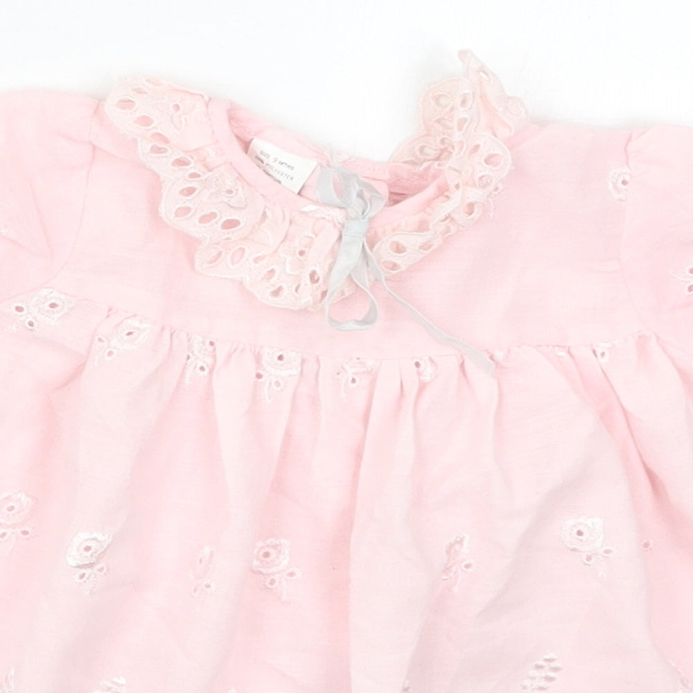 Preworn Girls Pink Floral Cotton A-Line  Size 6-9 Months  Collared Button