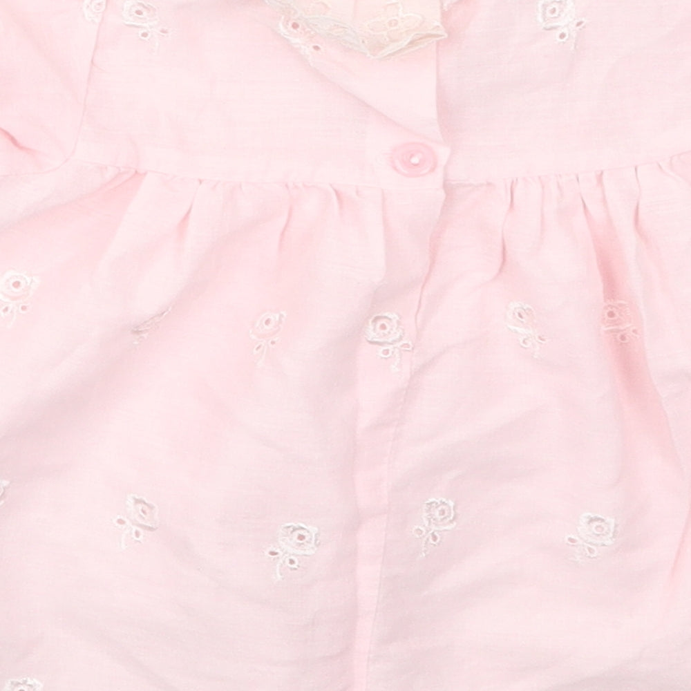 Preworn Girls Pink Floral Cotton A-Line  Size 6-9 Months  Collared Button