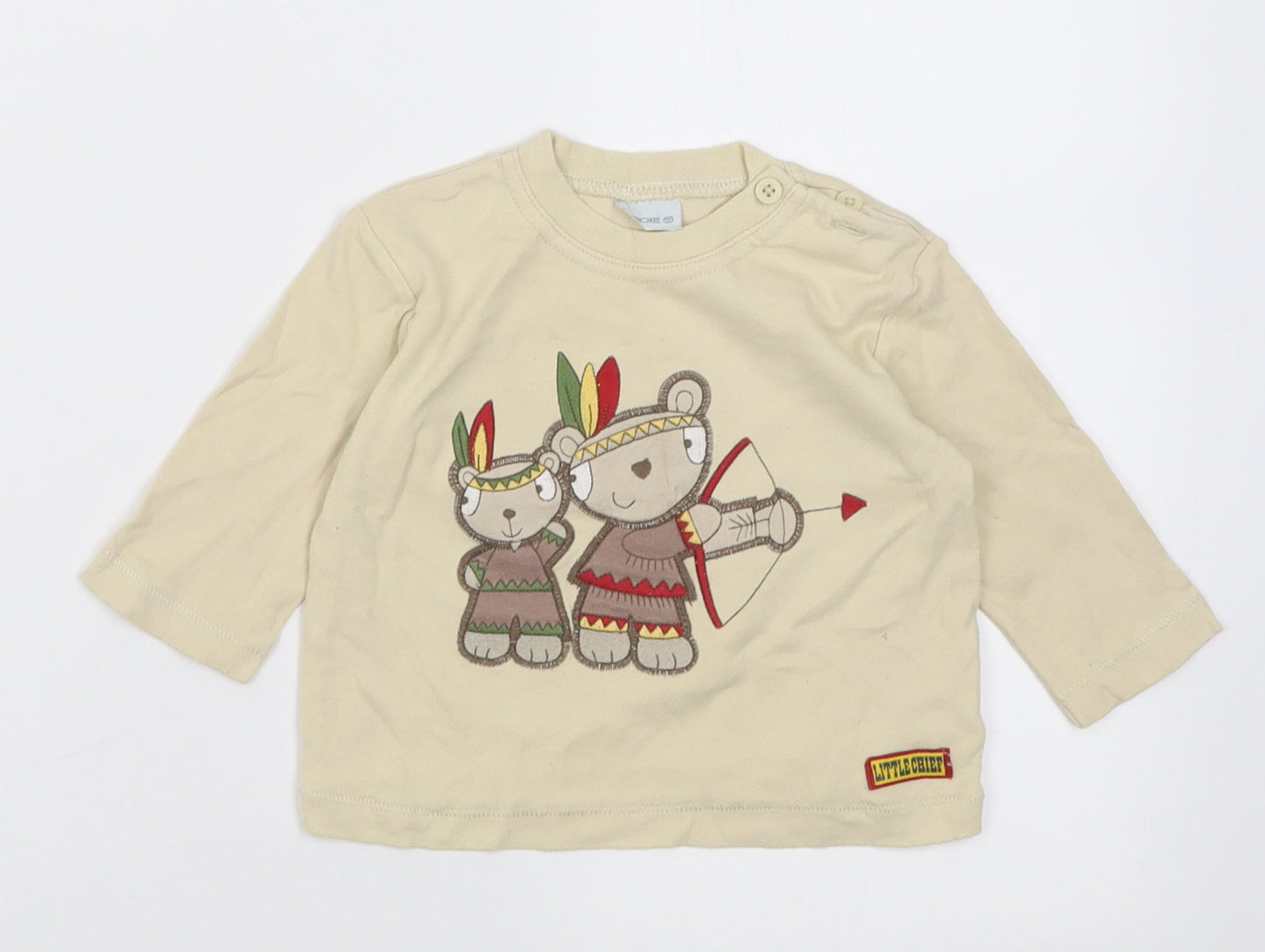 Cherokee Boys Beige  Cotton Basic Casual Size 6-9 Months Crew Neck Button