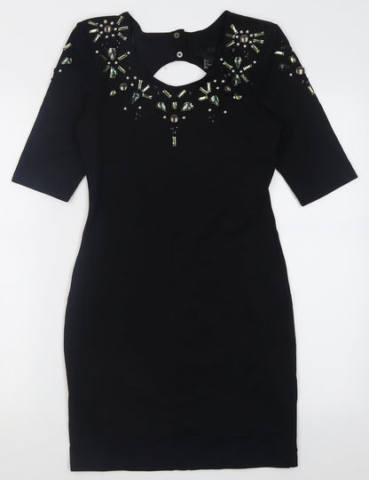 H&M Womens Black Fair Isle Viscose Bodycon  Size 8  Crew Neck Button - Open back
