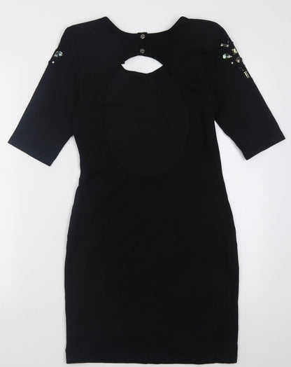 H&M Womens Black Fair Isle Viscose Bodycon  Size 8  Crew Neck Button - Open back