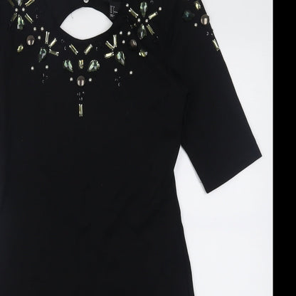 H&M Womens Black Fair Isle Viscose Bodycon  Size 8  Crew Neck Button - Open back
