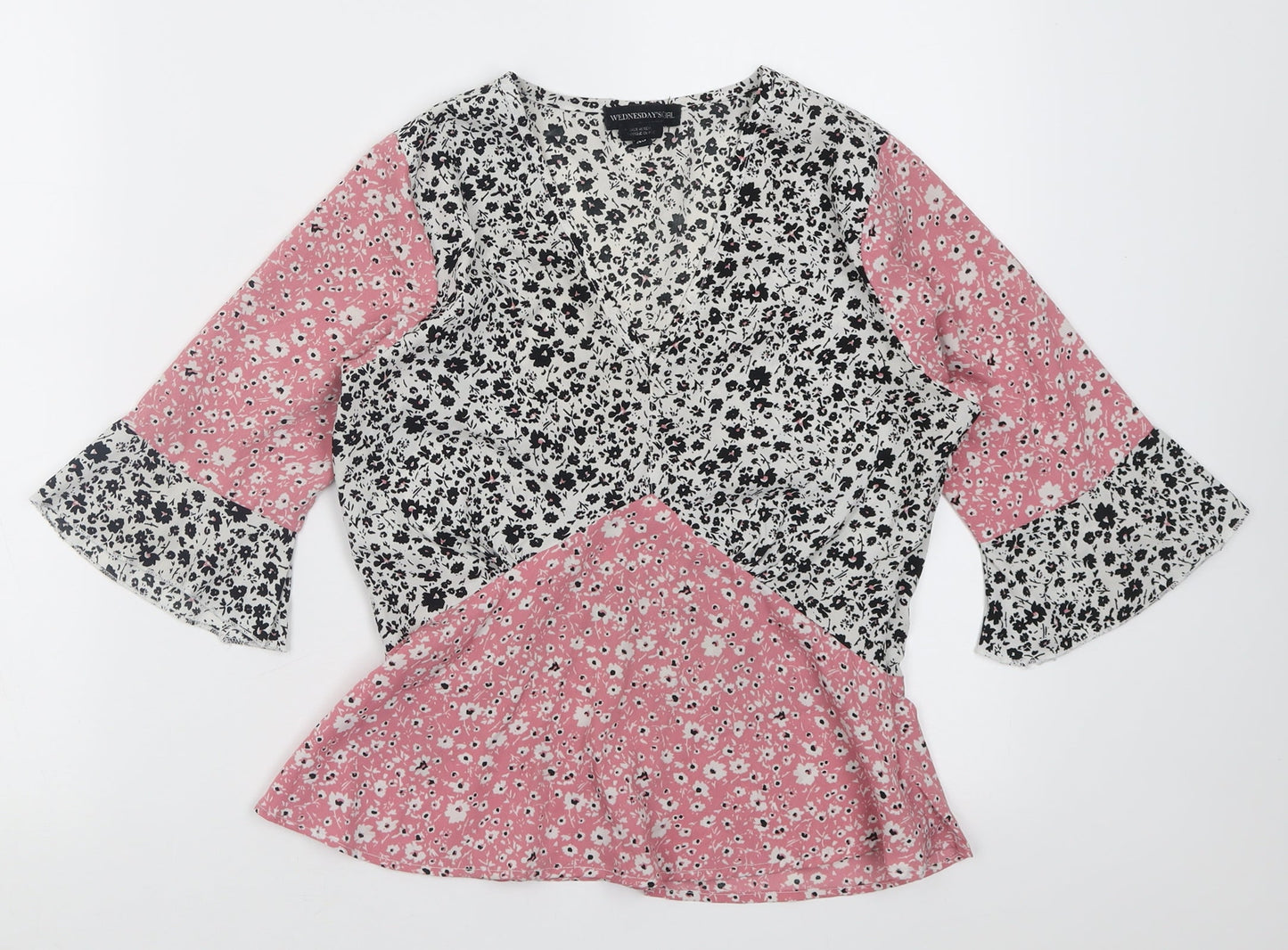 Wednesday Girl Womens Pink Floral Polyester Basic Blouse Size XS V-Neck