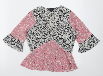 Wednesday Girl Womens Pink Floral Polyester Basic Blouse Size XS V-Neck