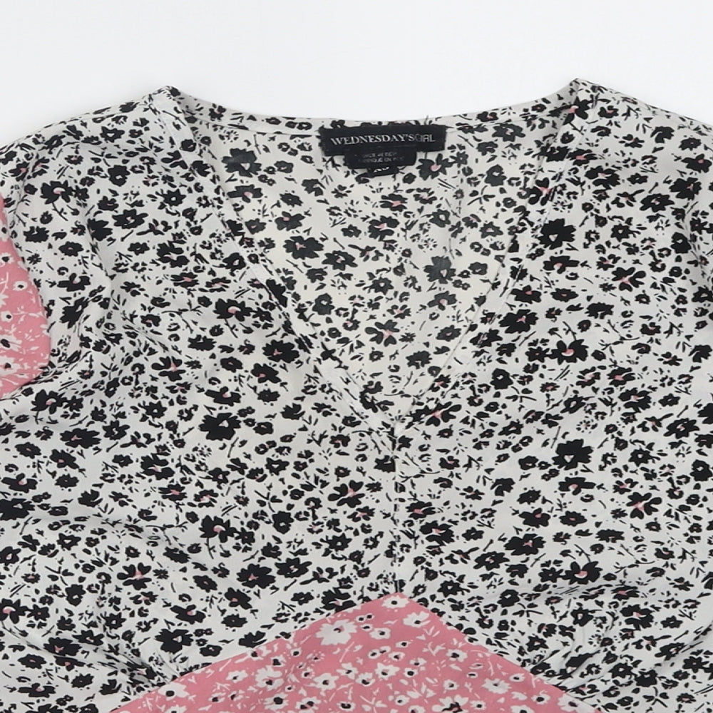 Wednesday Girl Womens Pink Floral Polyester Basic Blouse Size XS V-Neck