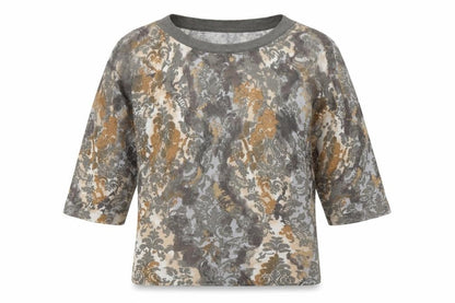 Front view of Emreco women’s grey geometric viscose jersey blouse, size S, round neck