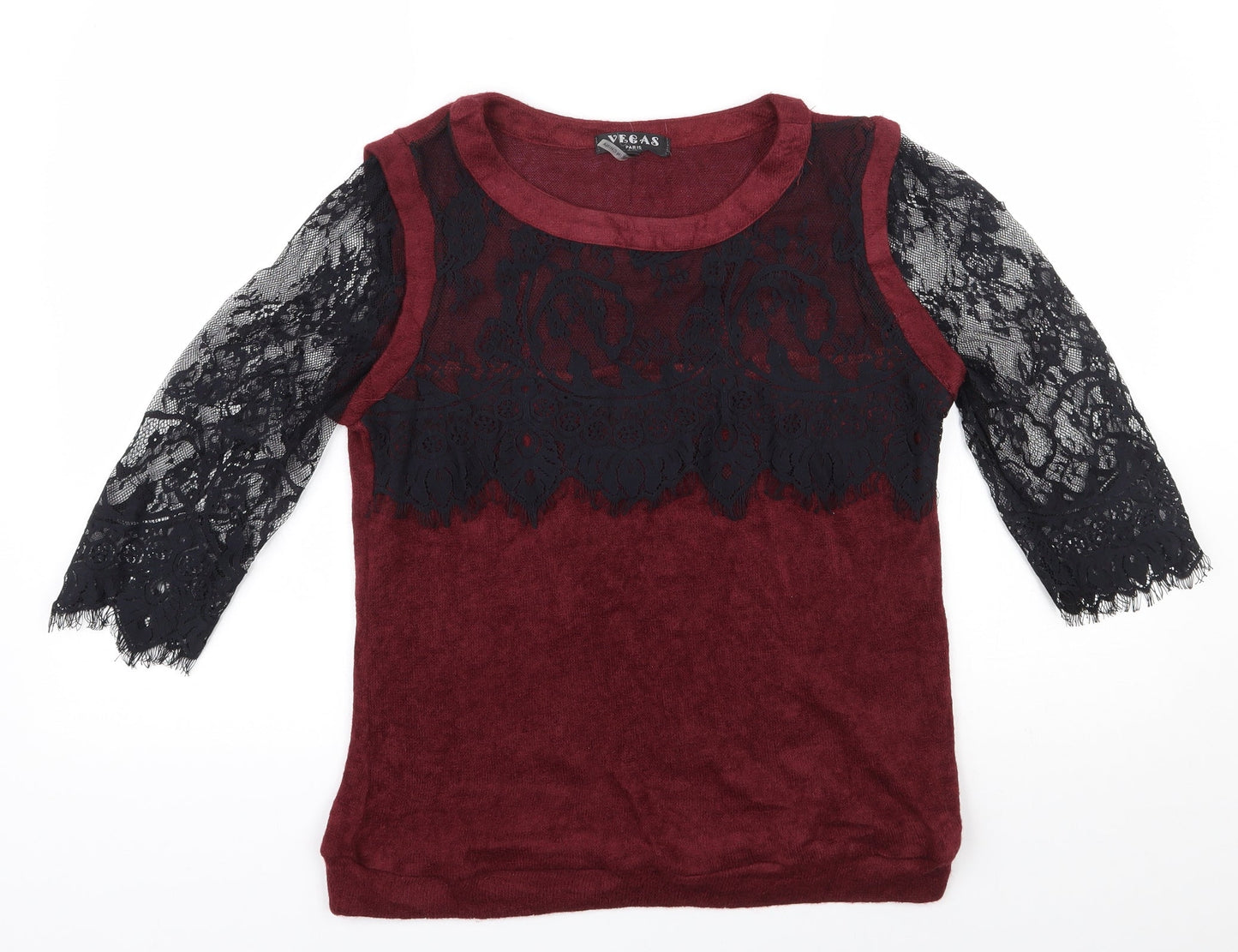 Vegas Womens Red Round Neck  Acrylic Pullover Jumper Size S   - Lace sleeves