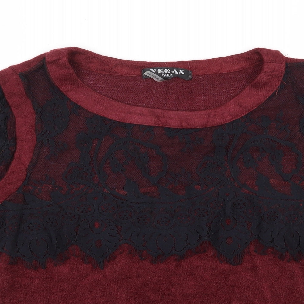 Vegas Womens Red Round Neck  Acrylic Pullover Jumper Size S   - Lace sleeves