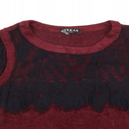 Vegas Womens Red Round Neck  Acrylic Pullover Jumper Size S   - Lace sleeves