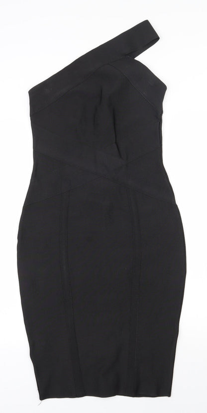 Lipsy Womens Black  Polyester Bodycon  Size 8  One Shoulder Zip