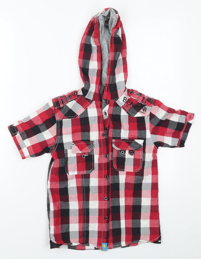 Benzini Boys Red Check Cotton Basic Button-Up Size S High Neck Button