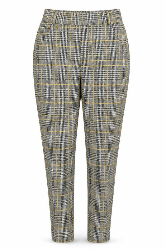 Front view of Preworn women’s yellow check nylon carrot leggings, size S, 27-inch leg