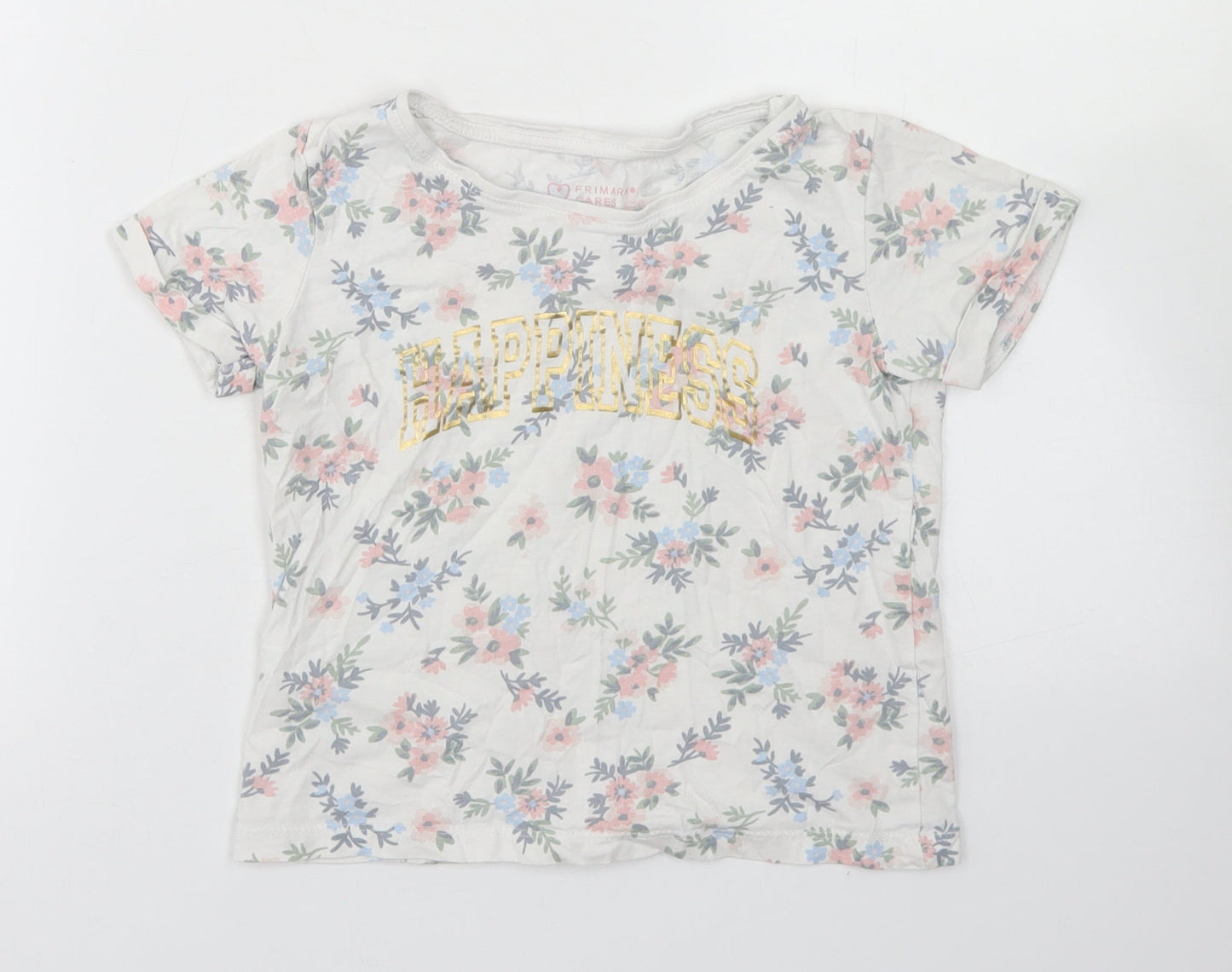 Primark Girls White Floral Cotton Basic T-Shirt Size 7-8 Years Crew Neck  - Happiness