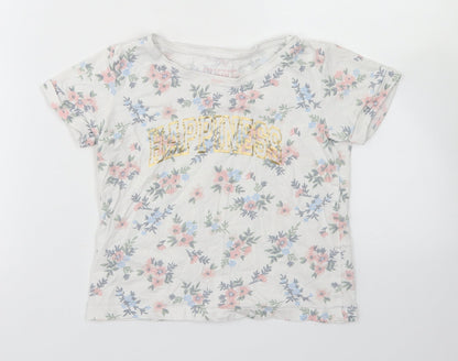Primark Girls White Floral Cotton Basic T-Shirt Size 7-8 Years Crew Neck  - Happiness