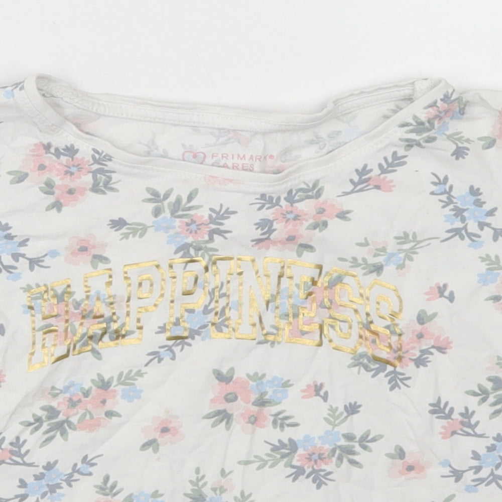 Primark Girls White Floral Cotton Basic T-Shirt Size 7-8 Years Crew Neck  - Happiness