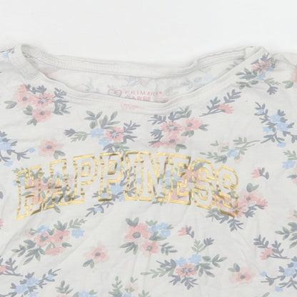 Primark Girls White Floral Cotton Basic T-Shirt Size 7-8 Years Crew Neck  - Happiness