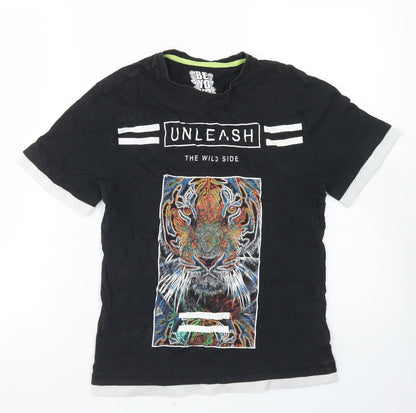 F&F Boys Black  Cotton Basic T-Shirt Size 9-10 Years Crew Neck  - Unleash The Wild Side Tiger