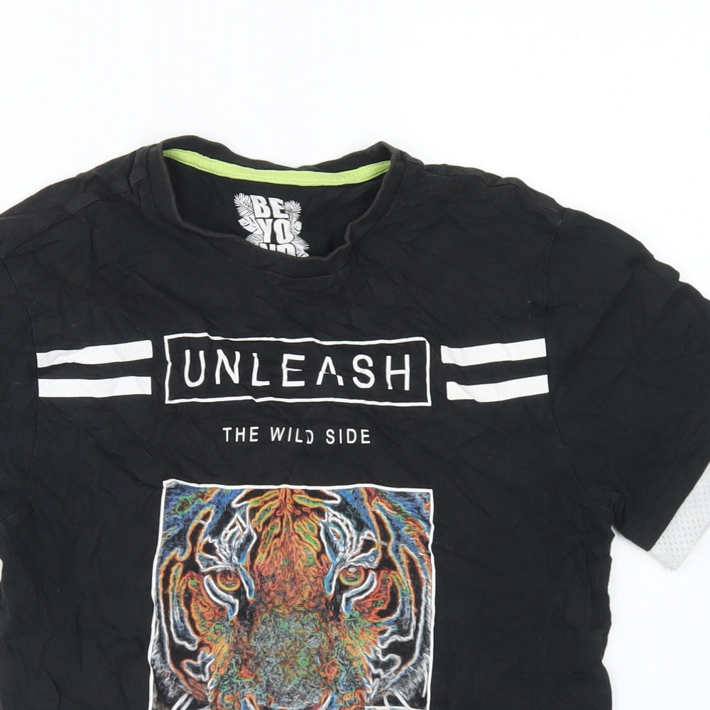 F&F Boys Black  Cotton Basic T-Shirt Size 9-10 Years Crew Neck  - Unleash The Wild Side Tiger