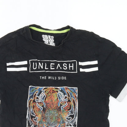 F&F Boys Black  Cotton Basic T-Shirt Size 9-10 Years Crew Neck  - Unleash The Wild Side Tiger