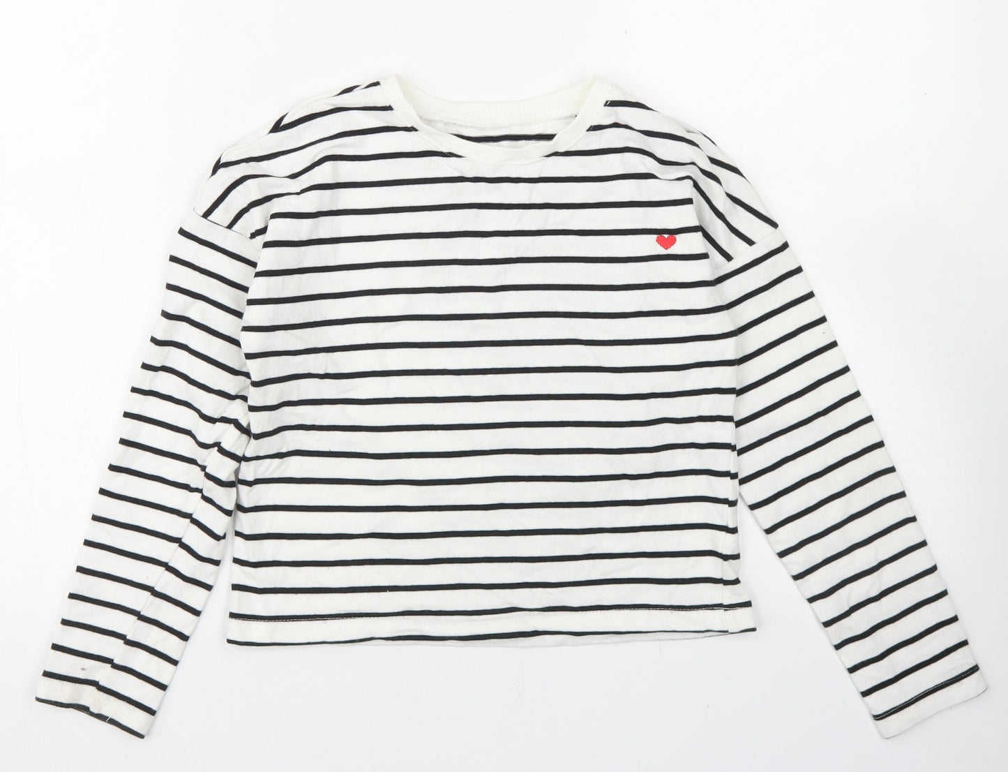 Dunnes Stores Girls White Striped Cotton Pullover Sweatshirt Size 10-11 Years   - Cropped