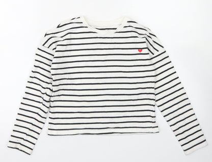 Dunnes Stores Girls White Striped Cotton Pullover Sweatshirt Size 10-11 Years   - Cropped