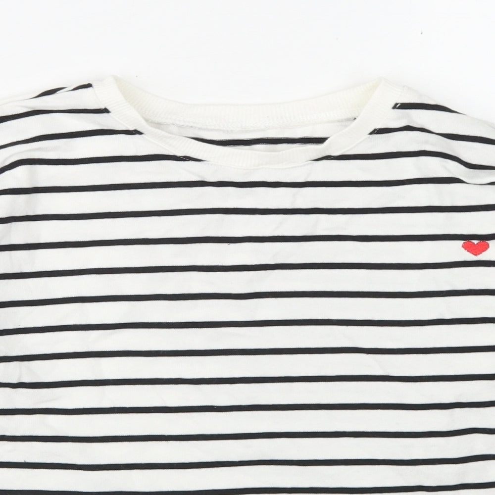 Dunnes Stores Girls White Striped Cotton Pullover Sweatshirt Size 10-11 Years   - Cropped