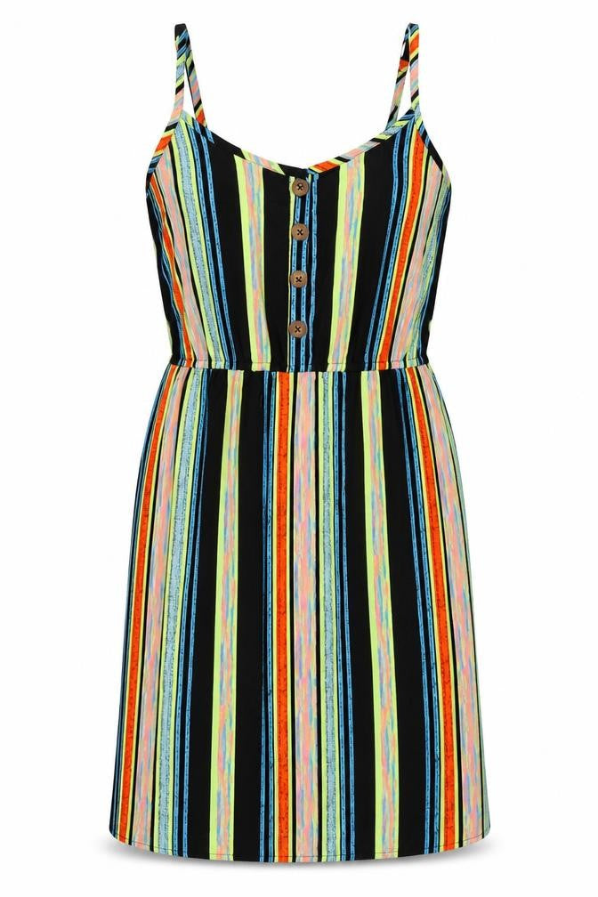 Front view of Pep&Co women’s multicoloured striped polyester slip dress, size UK 8, round neck