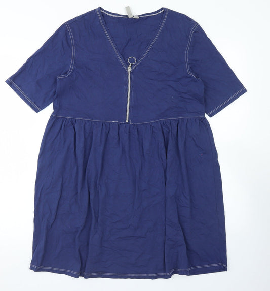 ASOS Womens Blue  Cotton Skater Dress  Size 10  V-Neck Zip