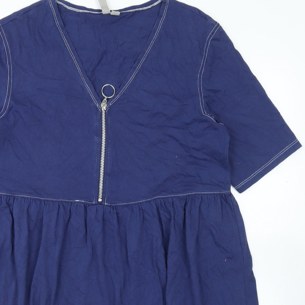 ASOS Womens Blue  Cotton Skater Dress  Size 10  V-Neck Zip