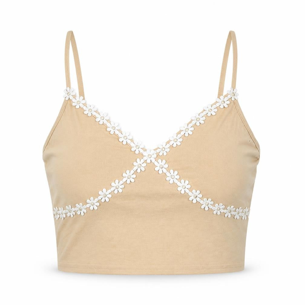 Front view of ROMWE women’s beige cotton cropped tank, size M, v-neck