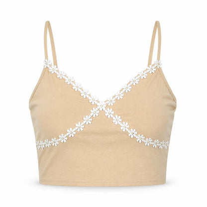 Front view of ROMWE women’s beige cotton cropped tank, size M, v-neck