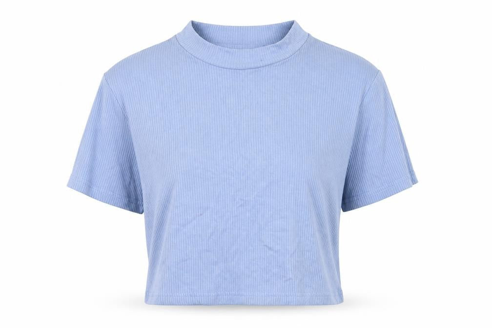 Front view of SHEIN women’s blue viscose cropped t-shirt, size M, crew neck