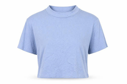 Front view of SHEIN women’s blue viscose cropped t-shirt, size M, crew neck