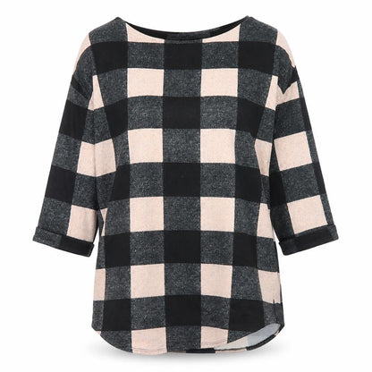 Front view of F&F women’s black check polyester tunic t-shirt, size UK 8, round neck