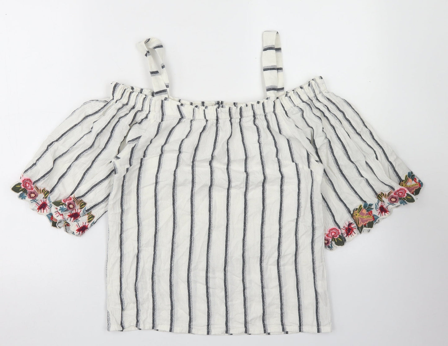 F&F Womens White Striped Cotton Basic Blouse Size 8 Off the Shoulder - Cold Shoulder