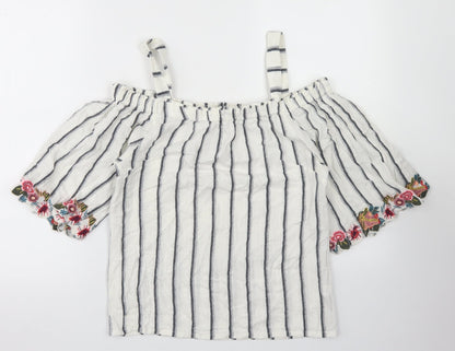 F&F Womens White Striped Cotton Basic Blouse Size 8 Off the Shoulder - Cold Shoulder