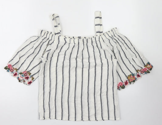 F&F Womens White Striped Cotton Basic Blouse Size 8 Off the Shoulder - Cold Shoulder