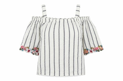 F&F Womens White Striped Cotton Basic Blouse Size 8 Off the Shoulder - Cold Shoulder