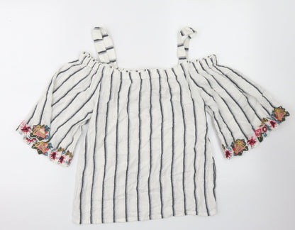 F&F Womens White Striped Cotton Basic Blouse Size 8 Off the Shoulder - Cold Shoulder