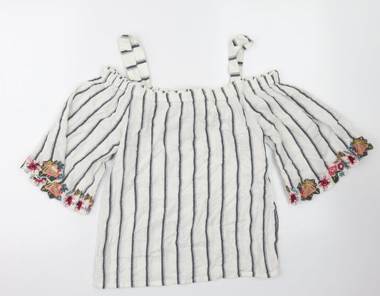 F&F Womens White Striped Cotton Basic Blouse Size 8 Off the Shoulder - Cold Shoulder