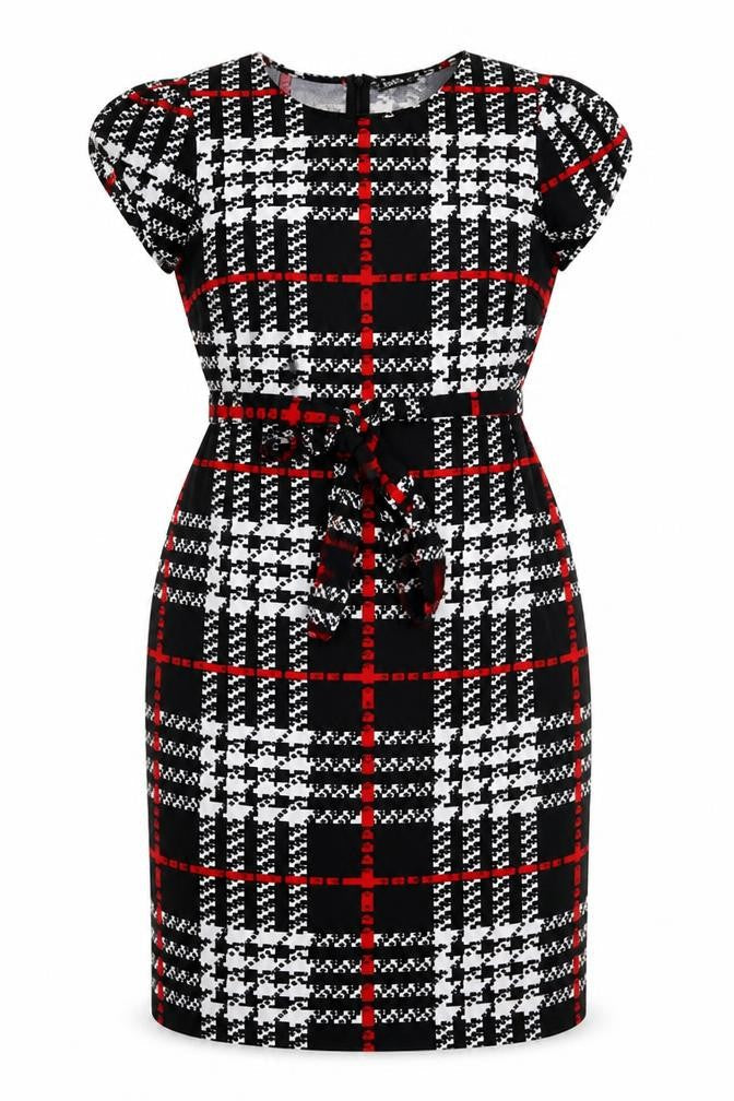 Front view of SHEIN women’s multicoloured geometric polyester pencil dress, size XL, round neck zip