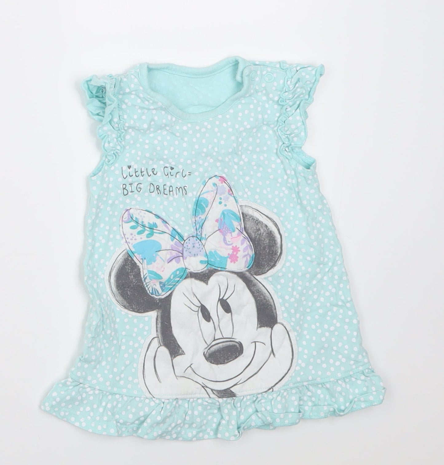 George Girls Blue Polka Dot Cotton A-Line  Size 12-18 Months  Crew Neck Button - minnie mouse