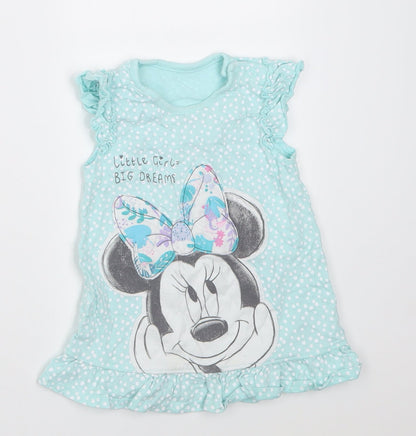 George Girls Blue Polka Dot Cotton A-Line  Size 12-18 Months  Crew Neck Button - minnie mouse
