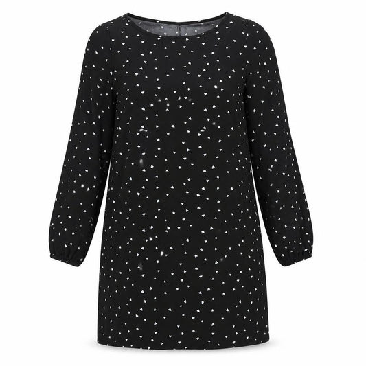 Front view of SHEIN women’s black polyester shift, size M, round neck pullover - love hearts