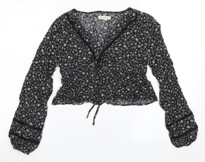 Aeropostale Womens Black Floral Cotton Cropped Blouse Size S V-Neck
