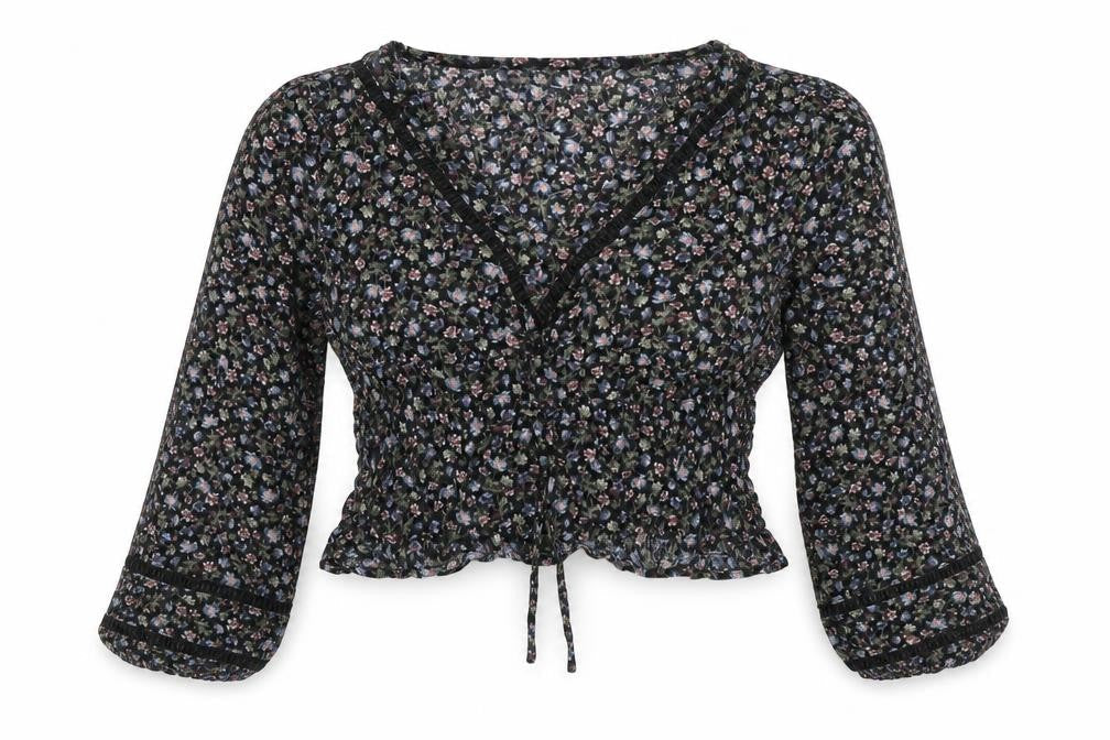 Front view of Aeropostale women’s black floral cotton cropped blouse, size S, v-neck